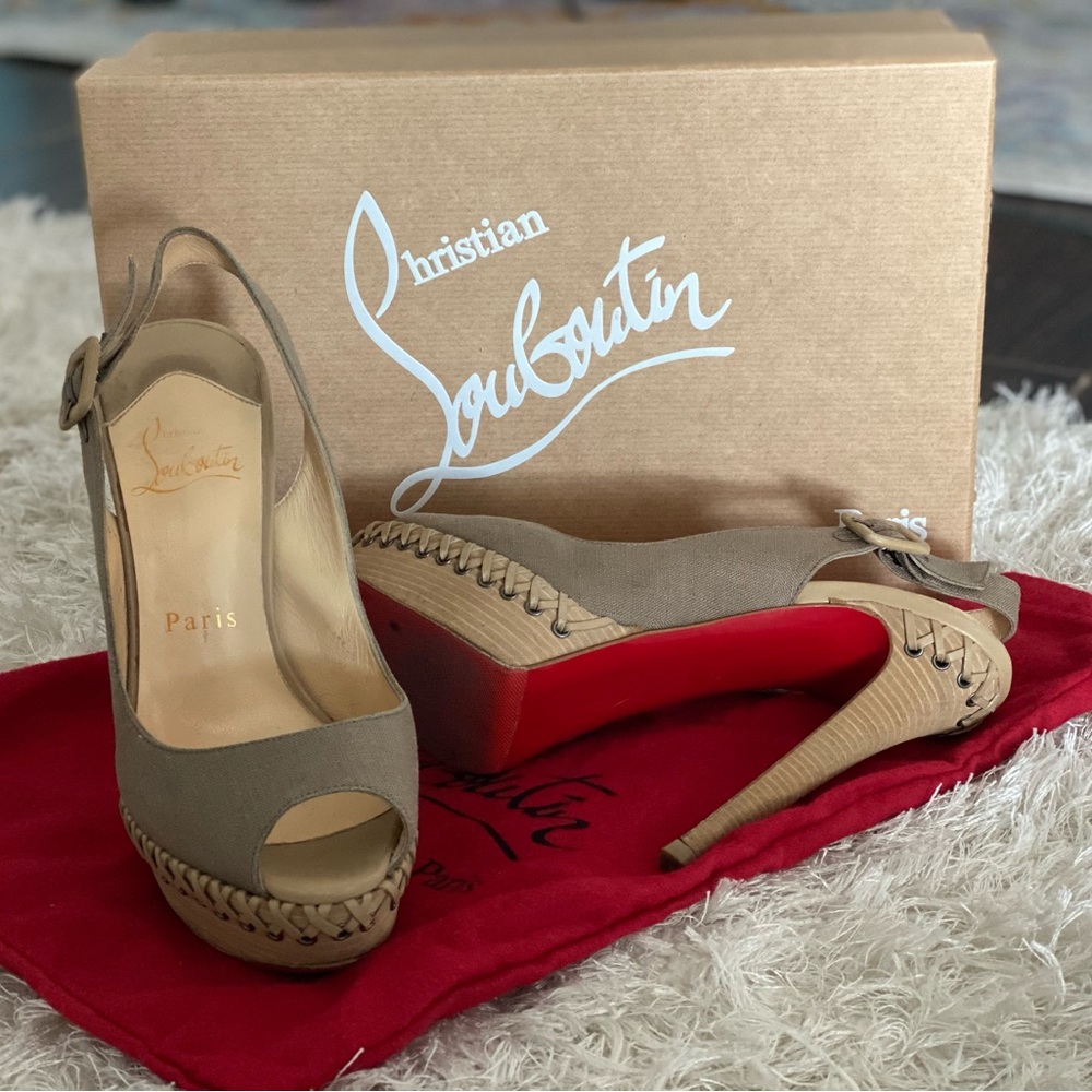 Christian Louboutin Taupe Canvas Indiana Slingback Platform pumps